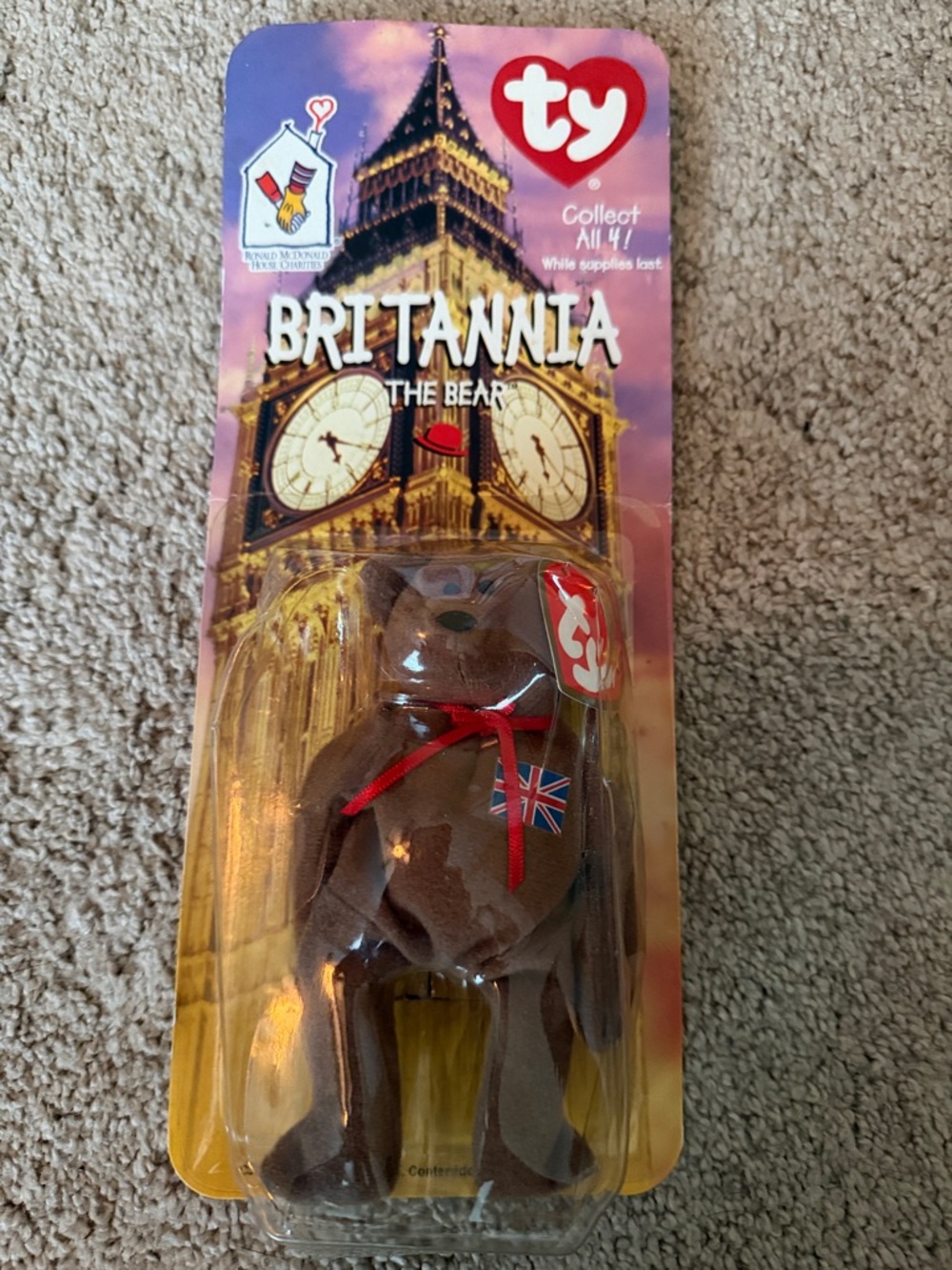 Ty Britannia Brown Bear with Red Ribbon and Union Jack Patch